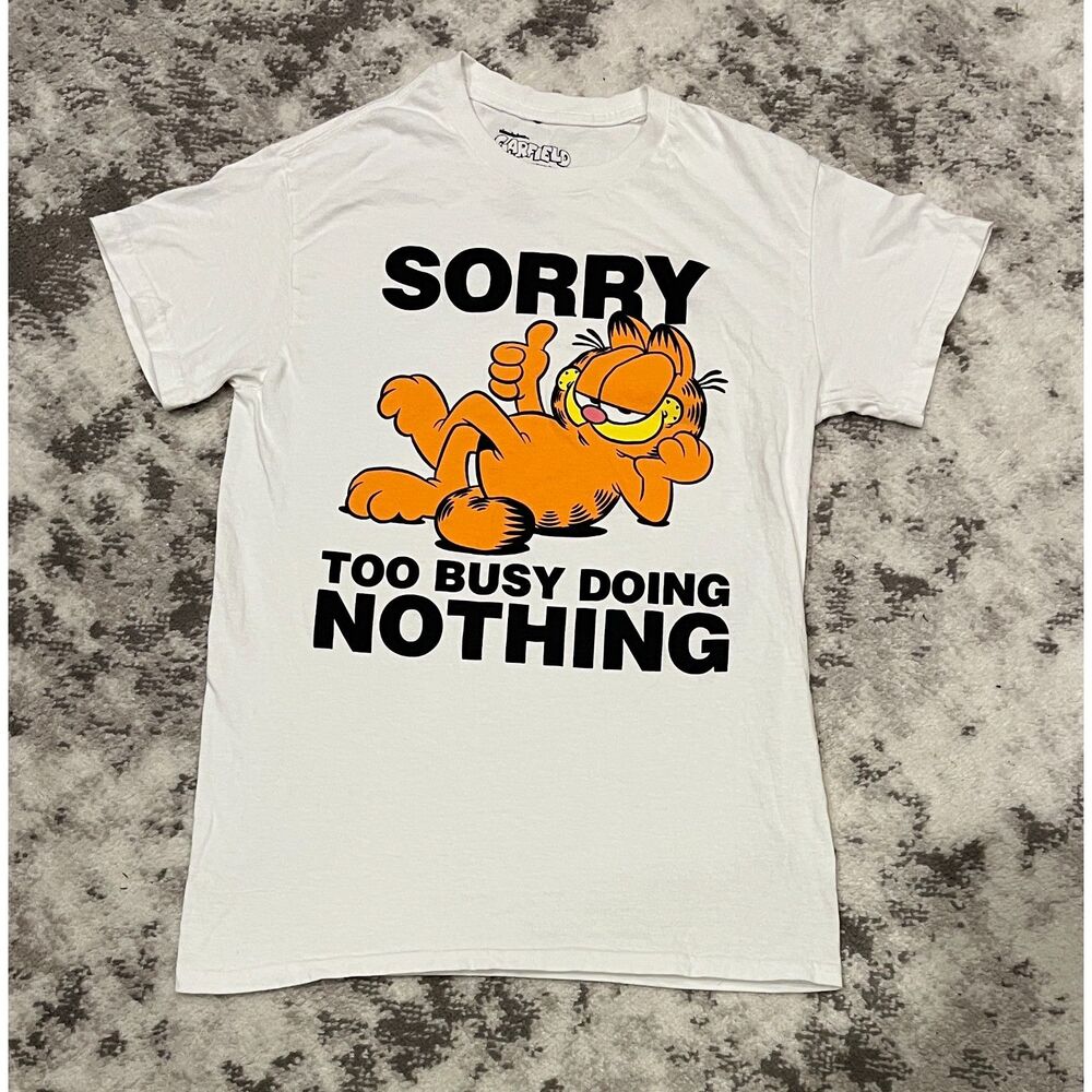 Nickelodeon Garfield "Too Busy" Graphic Cotton Tee T-Shirt Women's WHITE Sz S